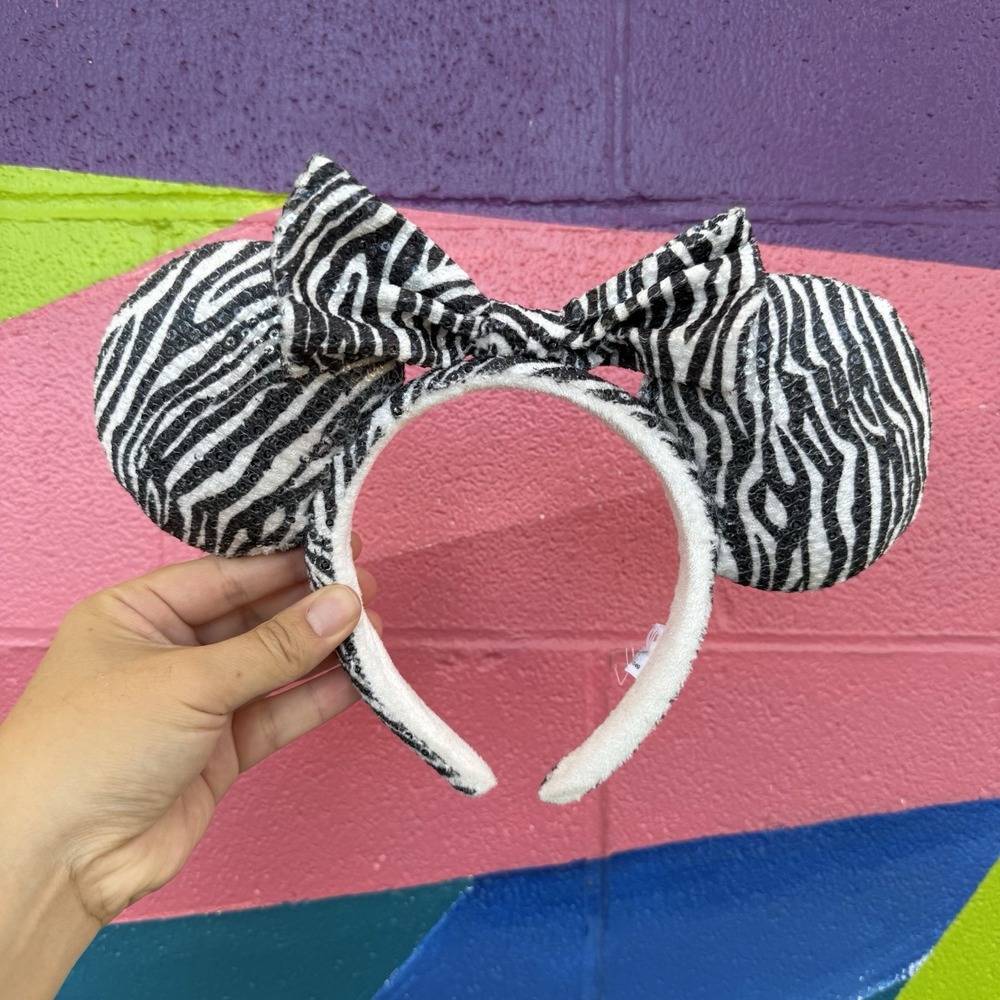 Disney Park Mickey Mouse Minnie Mouse Sequin Zebra Headband Ears Authentic